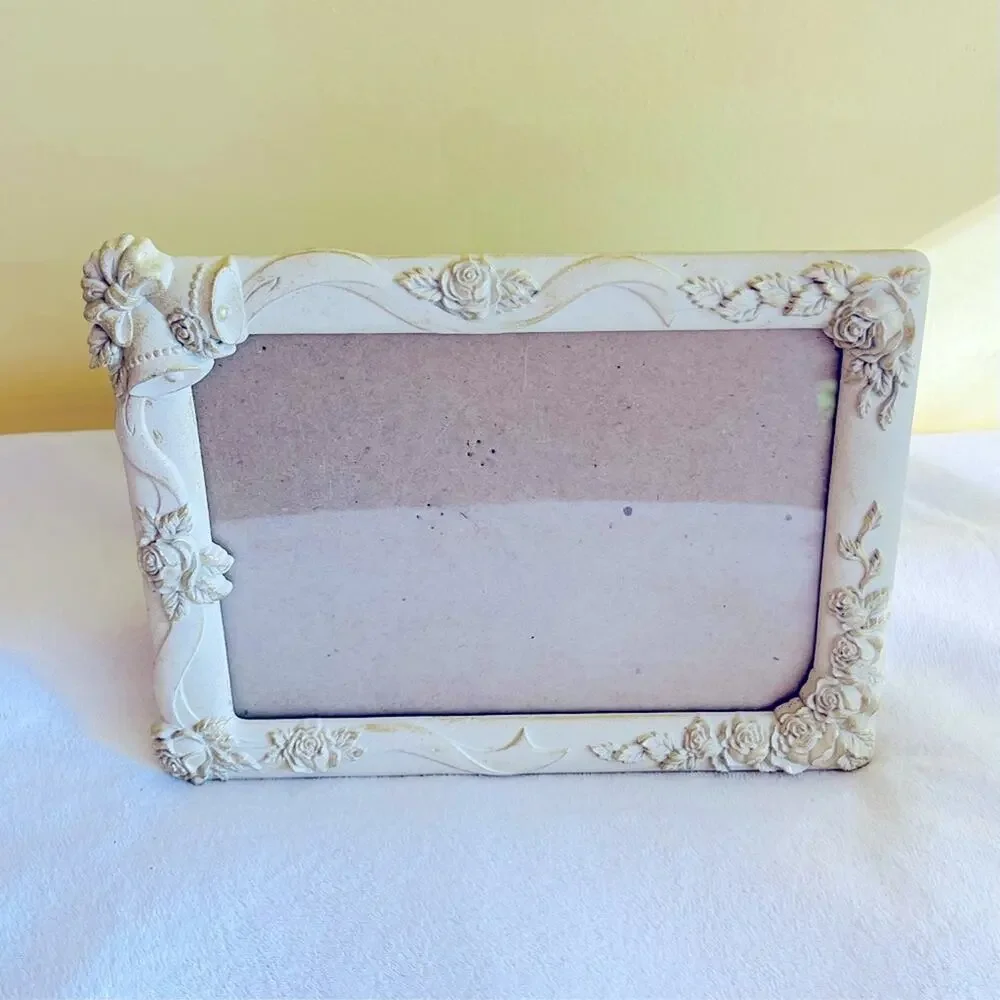Vtg Retro Photo Picture Frame Wedding Anniversary Bridal Roses Easel Back